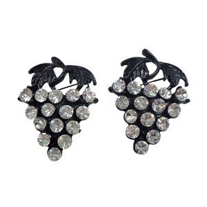 Vtg Grape Cluster Rhinestone Brooch Set Black Metal 1.5 Inches Collar Pins